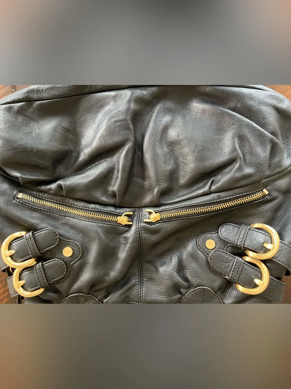 B. Makowsky Black Pebbled Leather Slouchy Hobo Shoulder Bag Y2K Gold Buckle